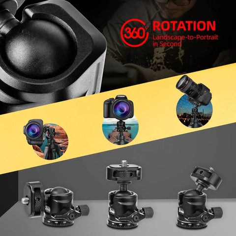 Heavy Duty Ball Head Mount With Built In Three Eighths To One Quarter Inch Adapter 360 Degree Panoramic Metal Camera Mount display