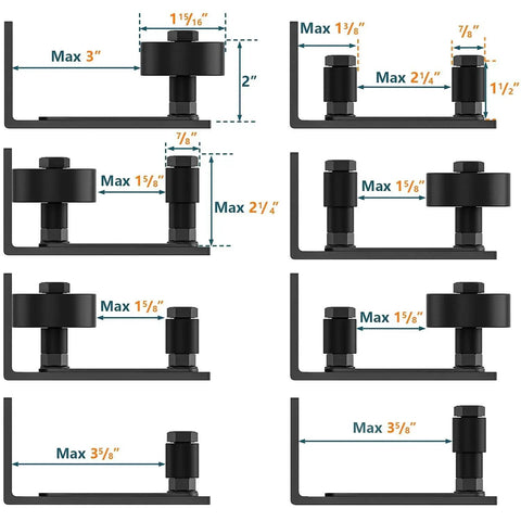 Heavy Duty Sliding Barn Door Floor Guide With Adjustable Rollers And Wall Mount System, Flush Bottom Design, various setups shown