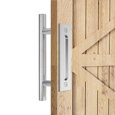 Heavy Duty 12 Inch Pull And Flush Barn Door Handle Set Two Pack With Large Rustic Two Side Design For Gates Garages Sheds And Furniture Solid Carbon Steel With Black Powder Coating And Upgraded Back Plate For Superior Sturdiness And Rust Resistance on wooden barn door
