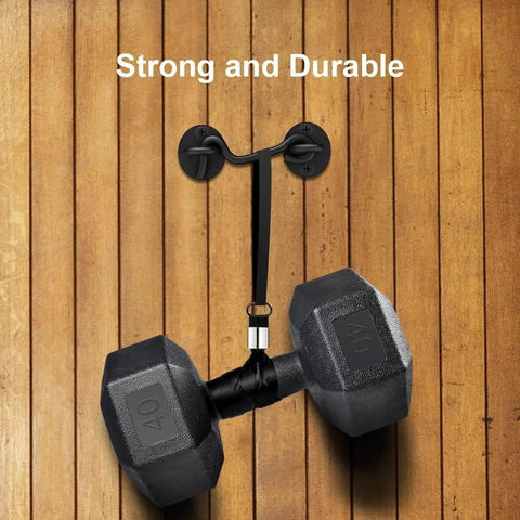 Barn Door Lock Gate Latch - 2 Pack 4 Inch Black Hook and Eye Latch demonstrating heavy duty strength with a dumbbell on wooden background.