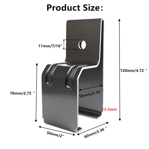 Side view of Box Rail Hanger Bracket Heavy Duty Barn Door Hardware 4 Pack Black with dimensions and mounting hole visible.