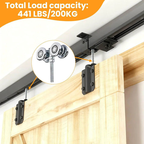 2Pcs Wheel Trolley Assembly Barn Door Rollers for 1-3/4" wide and 2-1/4" or taller rail installed on barn door showing load capacity