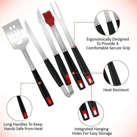 Heavy-Duty Tool Set,Stainless Steel Heat-Resistant Accessories,Non-Slip Handle,Outdoor Camping tools with long handles and hanging holes