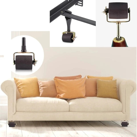 Heavy Duty Bed Frame Wheels Rollers With Brakes For Replacement Parts, showing bed caster attached to sofa leg for mobility.