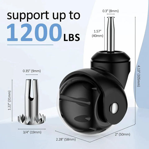 2 Inch Ball Caster Wheels Stem Casters Set Of 4 Heavy Duty 1200 Lb Capacity 360 Degree Swivel Non Marking Polyurethane Black Replacement Castors For Furniture Cabinets Carts And Coffee Tables Premium Black with dimensions shown