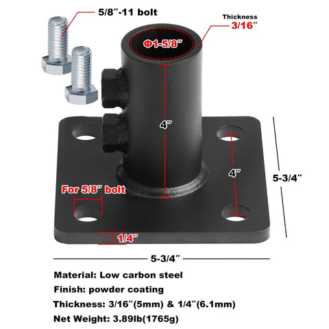 Heavy Duty Black Chain Link Fence Post Floor Flange Base Fits 1-5/8 Inch OD Posts 5-3/4 By 5-3/4 Inch Plate with bolts