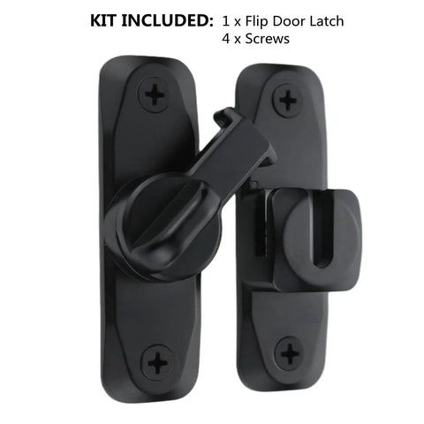 Upgrade heavy duty flip door latch that adapts from 90 to 180 degrees, shown with included screws for secure installation.