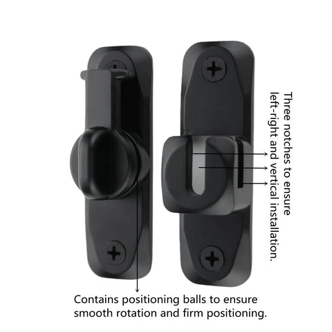Upgrade heavy duty flip door latch that adapts from 90 to 180 degrees shown in black, side-by-side view for gates and doors.