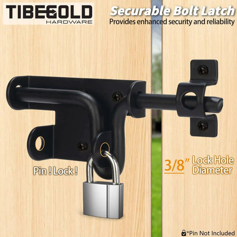 Built To Last Heavy Duty Slide Bolt Gate Latch With Padlock Hole for wood and vinyl fence outdoor gate lock, black finish.