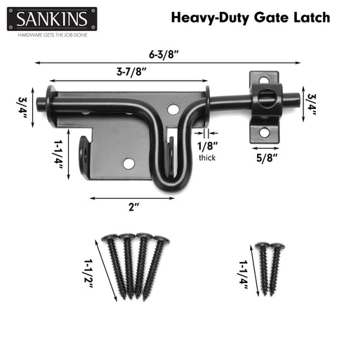 Heavy Duty Black Slide Bolt Gate Latch For Wooden Fences And Vinyl Gates With Padlock Hole, dimensions and screws included