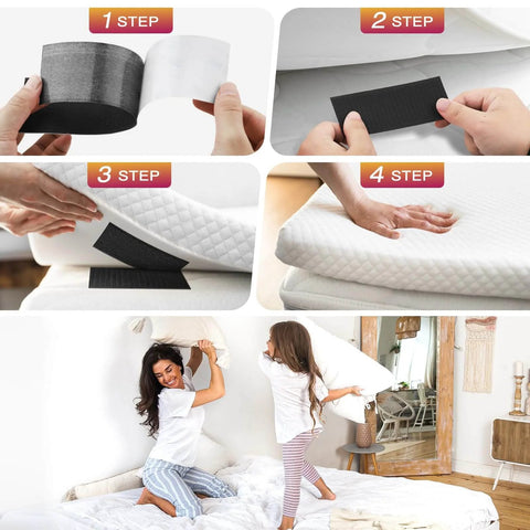 Step-by-step use of Heavy Duty Black Hook And Loop Strips With Adhesive 2 By 5 Inch 10 Pairs 20 Strips for securing bedding.