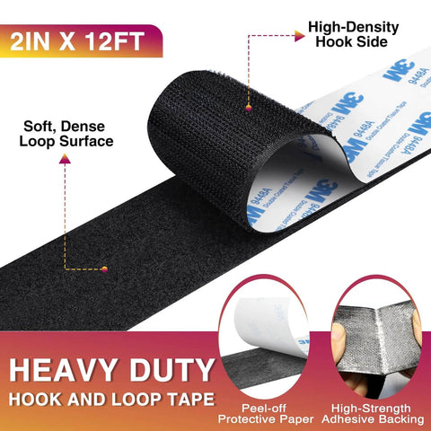 12 Ft By 2 Inch Hook And Loop Tape Roll Heavy Duty Double Sided Adhesive Strips Cuttable Interlocking Tape Fasteners For Home Office Car School And DIY Projects Black