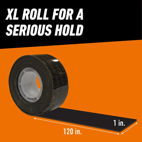 Heavy Duty Double Sided Mounting Tape Black 1 Inch By 120 Inch Weatherproof roll with text showing XL roll size and strong hold