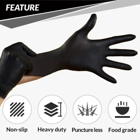 Heavy Duty Nitrile Gloves 6 Mil Black Disposable 100 Count Food Safe Powder Free, showing non-slip and food grade features
