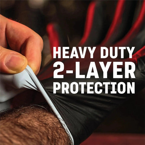 Close-up of hand showing Chemical Resistant Black Nitrile Gloves Two Layer Protection 6 Mil Powder Free with white inner layer.