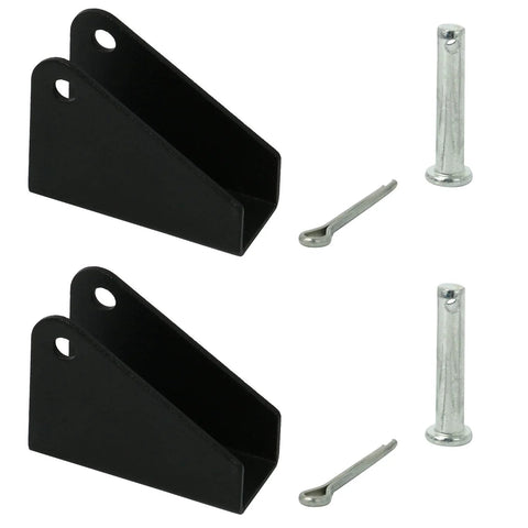Two black heavy-duty steel mounting brackets for linear actuators with mounting pins and studs