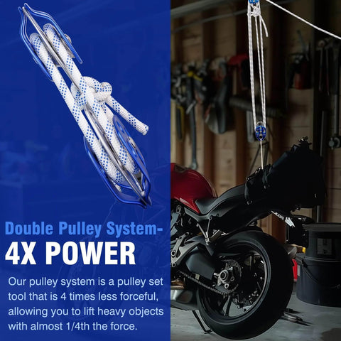 Heavy-Duty Double Block and Tackle Pulley System with motorcycle in garage, 100Ft x 1/2'' rope, 7700 LB(35KN) breaking strength