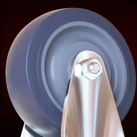 Close-up of Heavy Duty Blue Rubber Caster Wheels Set with Brakes showing swivel caster and silver frame for industrial trolleys.