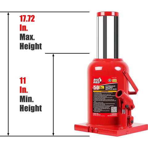 Ultra Duty 50 Ton Hydraulic Bottle Jack With Welded Steel Construction For Home Shop And Commercial Use, 11 Inch To 17.75 Inch Lift, 100000 Lb Capacity, Serrated Heat Treated Saddle, Drop Forged Alloy Construction, Model T95007 Big Red in red, shown with height measurements.