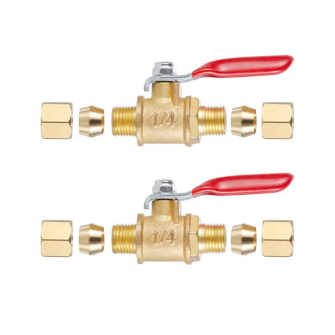 Two brass ball valves with red handles, front view, 1/4" compression x 1/4" compression, 2-pack.
