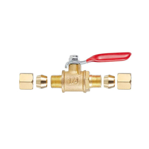 Brass ball valve with red handle, 1/4" compression x 1/4" compression, two straight coupling adapters