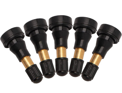 Tire valve stems, five brass snap-in stems with black plastic ends for automotive use