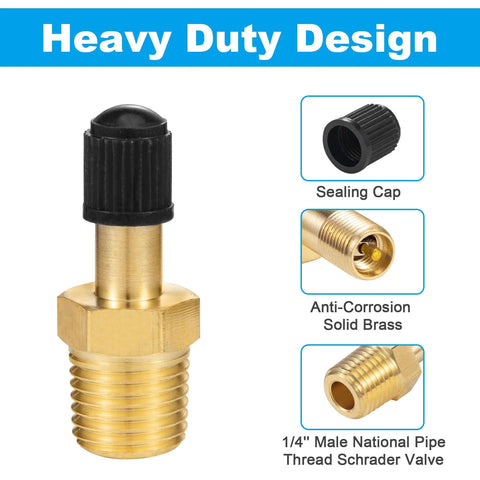 Front view of Amazon Breezliy 1/4 inch Schrader inflation valve, brass body, black push-to-connect knob.