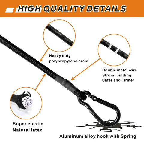 Close-up of Odor Free Heavy Duty Bungee Cords With Carabiner Hooks Set Of 8, showcasing elastic latex core and aluminum hook.