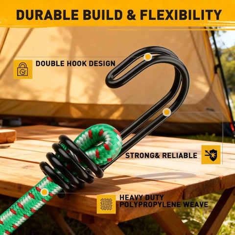 Close-up of a black and green bungee cord hook with heavy duty polypropylene weave, used for securing camping gear outdoors.