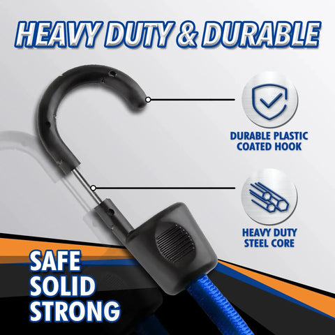 Close-up of heavy-duty bungee cord with durable plastic coated hook from 32 Piece Bungee Cords And Tarp Clips Assortment Kit