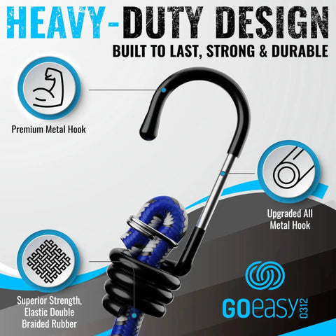 Heavy Duty Bungee Cord Set With Hooks, 20 Piece Color-Coded Bundle In Storage Jar, close-up of metal hook and elastic cord design.