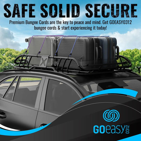Car rooftop with luggage secured using Heavy Duty Bungee Cord Set With Hooks, 20 Piece Color-Coded Bundle In Storage Jar.