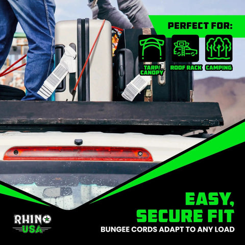 Heavy Duty Bungee Cord Set With Hooks And Clips 28 Piece Outdoor Tie Down Kit securing luggage on roof rack