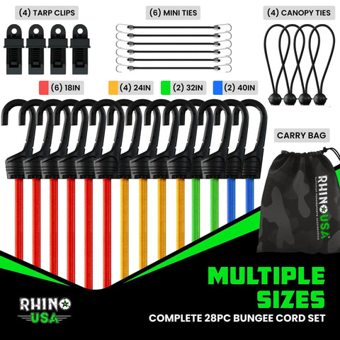 Heavy Duty Bungee Cord Set With Hooks And Clips 28 Piece Outdoor Tie Down Kit, includes cords, clips, ties, and carry bag.