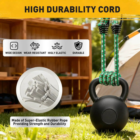 Heavy Duty Outdoor Bungee Cord Set 20 Piece with premium rubber cords securing a kettlebell on grass near a tent