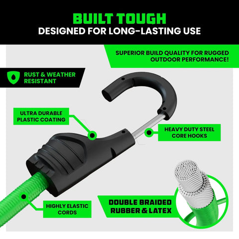 Close-up of heavy duty bungee cord with a hook, featuring double braided core and durable plastic coating, part of 28 piece outdoor tie down kit.