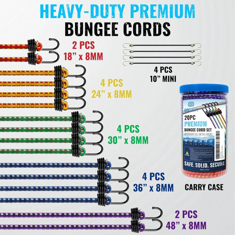 Heavy Duty Bungee Cord Set With Hooks, 20 Piece Color-Coded Bundle In Storage Jar displayed with various cord sizes