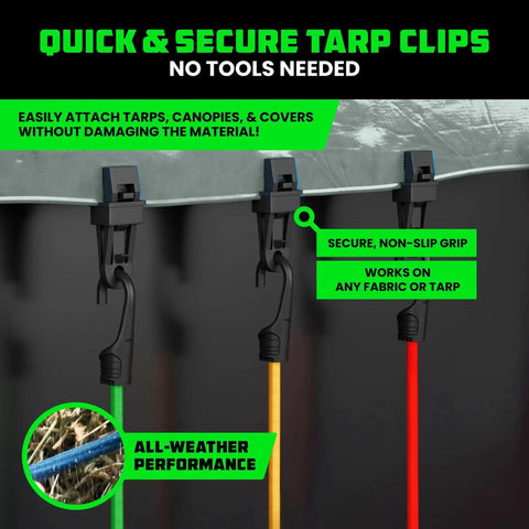 Heavy Duty Bungee Cord Set With Hooks And Clips 28 Piece Outdoor Tie Down Kit holding tarp with clips