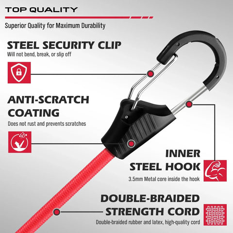 Close-up of Heavy Duty Bungee Cords With Hooks Kit 129 Pieces, featuring steel hook with anti-scratch coating and double-braided cord.