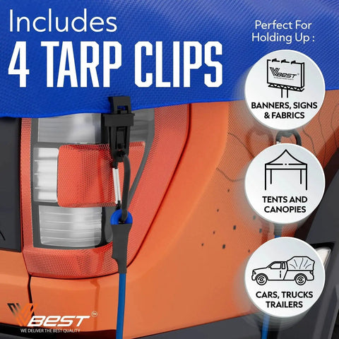 Heavy Duty Carabiner Bungee Cords With Hooks 28 Pack featuring tarp clip securing truck with text includes 4 tarp clips