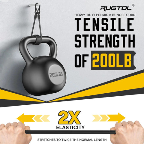6 Pack Adjustable Bungee Cords With Hooks, Heavy Duty Carabiner Bungee Straps holding 200lb weight, illustrating tensile strength and stretch