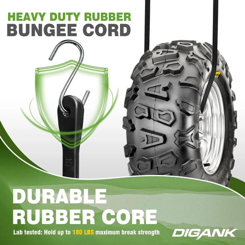 Image of heavy-duty rubber bungee cord with crimped S-hook supporting a large tire, demonstrating durability and strength.