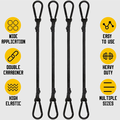 Heavy Duty 12 Inch Bungee Cords With Carabiner Hooks One Third Inch Thick Elastic Rope and features illustration