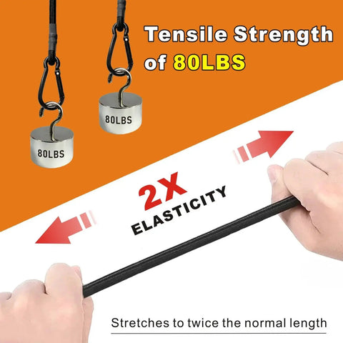 Hands stretching Odor Free Heavy Duty Bungee Cords With Carabiner Hooks Set Of 8 In 12 Inch 24 Inch And 48 Inch Lengths showing 80 lb strength