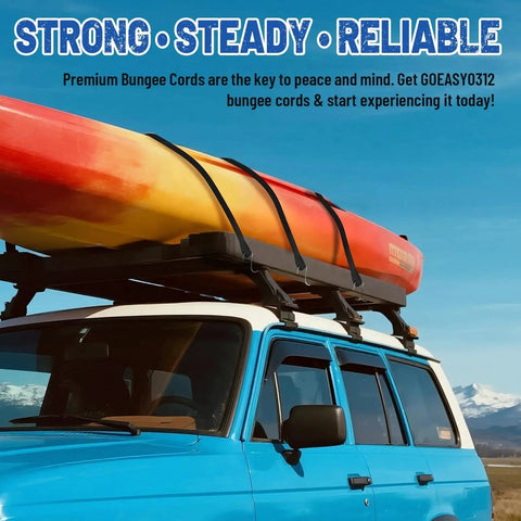 SUV with kayak secured using Heavy Duty Bungee Cords With Hooks Set EPDM Rubber Tarp Straps 10 15 21 31 Inch Max Stretch