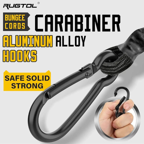 Close-up of Heavy Duty 12 Inch Bungee Cords With Carabiner Hooks One Third Inch Thick Elastic Rope showing aluminum alloy hooks