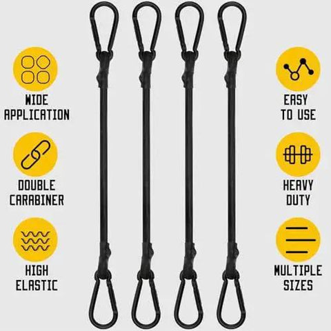 Heavy Duty 12 Inch Bungee Cords With Carabiner Hooks One Third Inch Thick Elastic Rope Built With High Elastic Rubber Core on display
