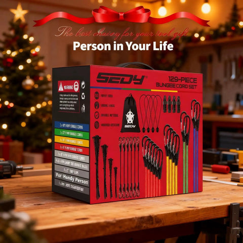 Heavy Duty Bungee Cords With Hooks Kit 129 pieces including 18, 20, 32, and 40 inch ropes, canopy clips, ties, hooks, storage bag on display