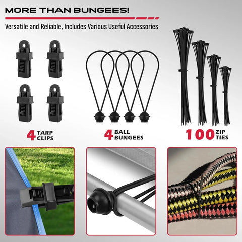 Heavy Duty Bungee Cords With Hooks Kit 129 Pieces Including 18, 20, 32, And 40 Inch Elastic Ropes Canopy Clips Ball End Ties Carabiner Hooks Zip Ties And Storage Bag For Outdoor Cargo Securement, featuring tarp clips, ball bungees, and zip ties in detail.