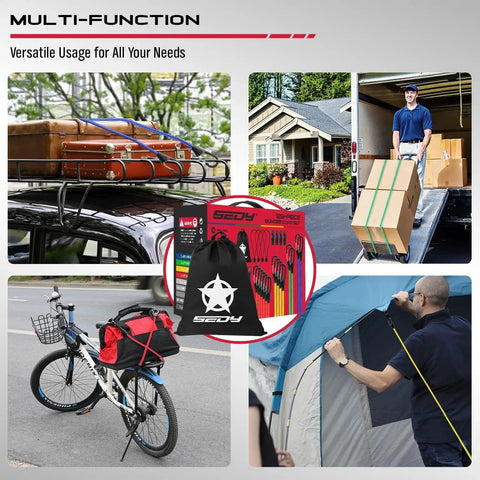 Heavy Duty Bungee Cords With Hooks Kit 129 Pieces Including 18, 20, 32, And 40 Inch Elastic Ropes Canopy Clips Ball End Ties Carabiner Hooks Zip Ties And Storage Bag For Outdoor Cargo Securement securing luggage, boxes, bike, and tent